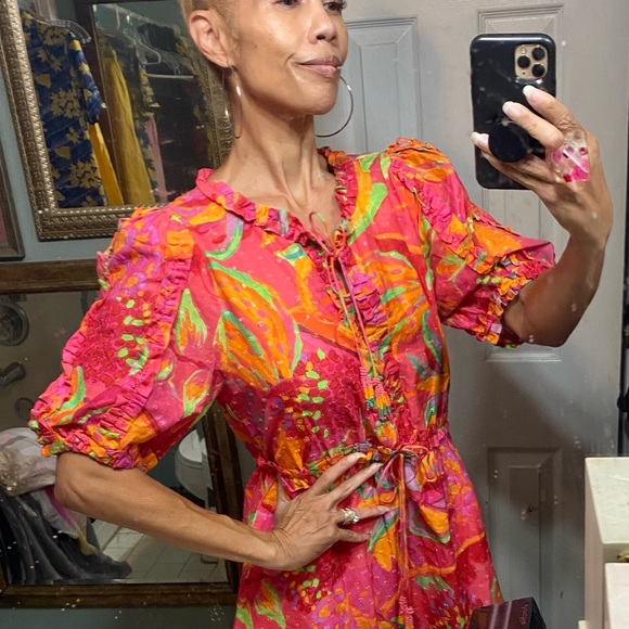 Farm Rio Fruit brush mini dress puff sleeves M L ruffles fringe organic cotton - Picture 5 of 11